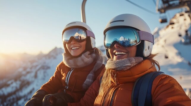 Two women on ski lift enjoying a sunny day snowy mountains in background