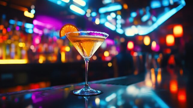 Cocktail in a bar with orange slice garnish