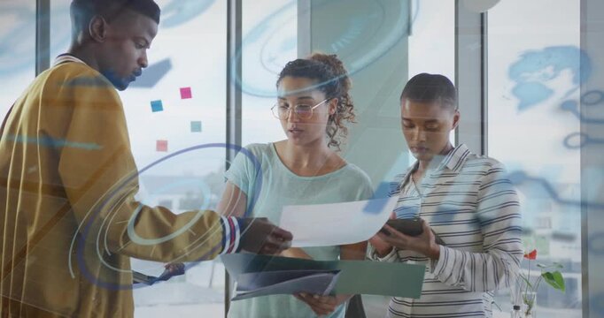 Vertical video: Handing papers, man in yellow jacket and team sorting docs at office checking phone