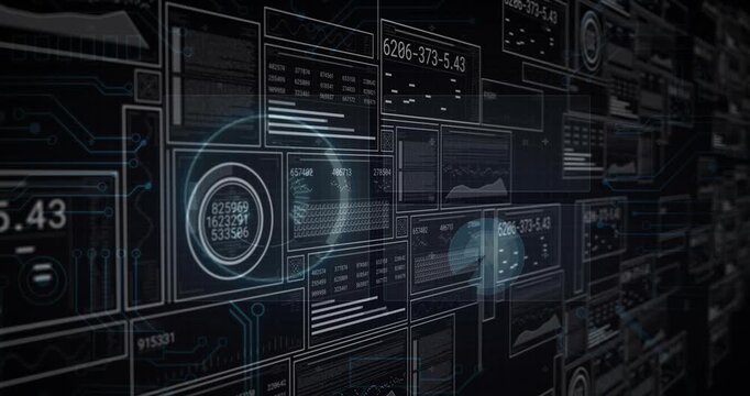 Circular scanner appearing, sweeping wall, panels pulsing, revealing numeric values for analytics