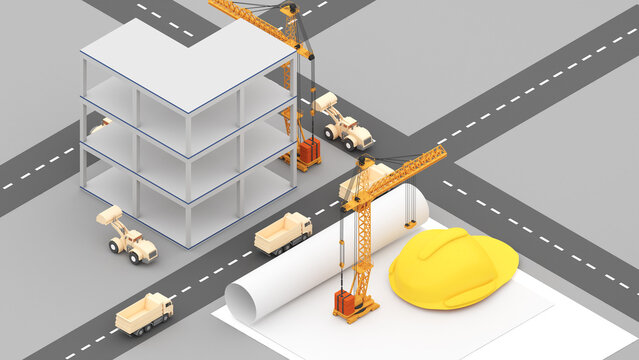 Construction of high-rise buildings, operation of construction cranes, and handling of construction materials; high-rise building construction engineering. ,3d rendering