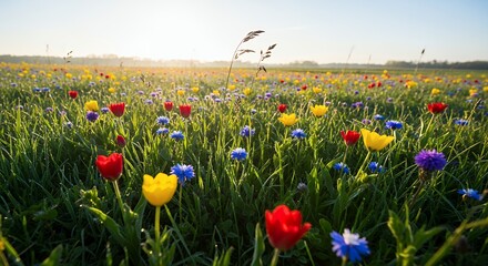 Obraz premium Colorful Wildflower Meadow at Sunrise, Golden Hour Light