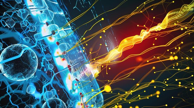 Fuel Cell Cross-Section &ndash; Hydrogen Blue Particles Entering Anode, Oxygen Red Particles Entering Cathode, Glowing Electrolyte Membrane, Water Molecules and Yellow Lightning Current Output, Scientific D