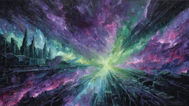 Colorful abstract city landscape blending into a vibrant, dreamy, cosmic nebula
