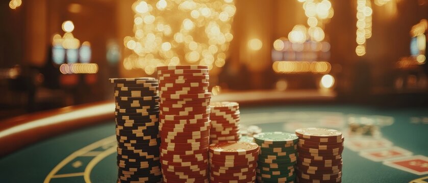 Casino chips stacked on a poker table