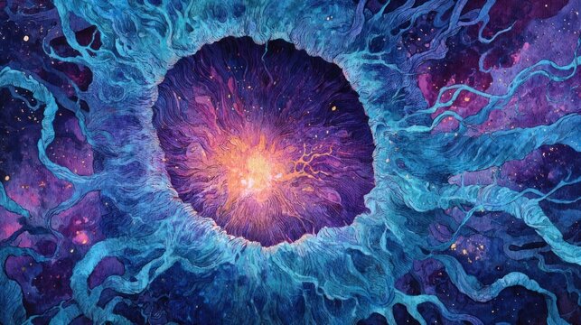 Abstract cosmic gateway with swirling nebulae and vein-like structures in blue and purple