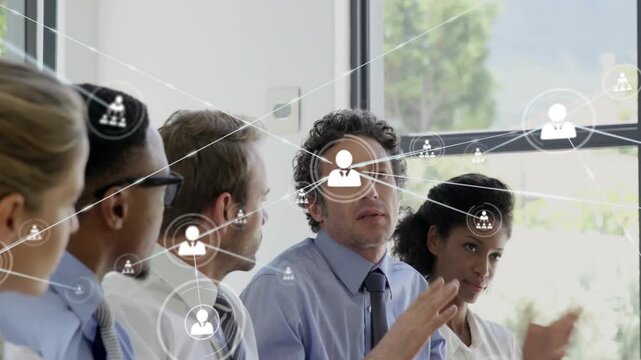 Central speaker raising hand and speaking, causing network icons over team, showing business links