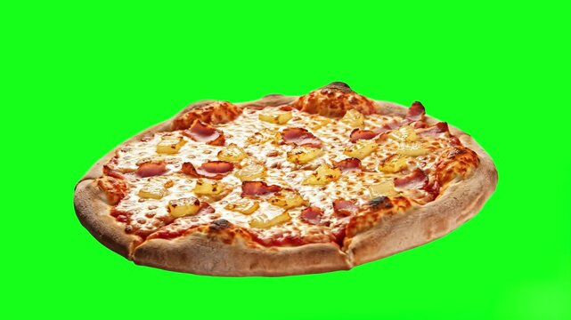 A whole Hawaiian pizza with melted cheese, ham, and pineapple chunks rotating on a green screen. High-quality food asset perfect for tropical-themed menus, restaurant ads, and delivery promos.