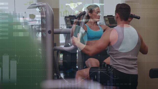 Gym trainer adjusting handles and steadying arms, client starting pec-deck reps, HUD showing stats