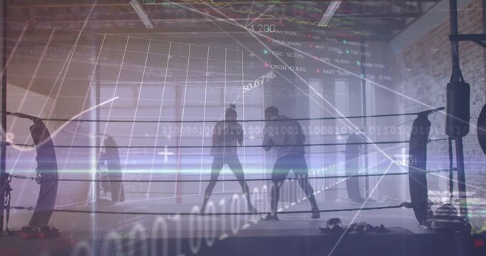 Two boxers training in gym, left fighter initiating jabs while finance graphs aligning with strikes