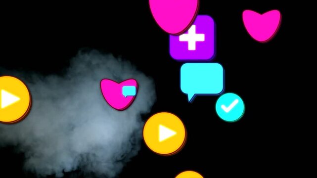 Magenta heart appearing center, causing icons emerging, forming dense brand buzz with left smoke
