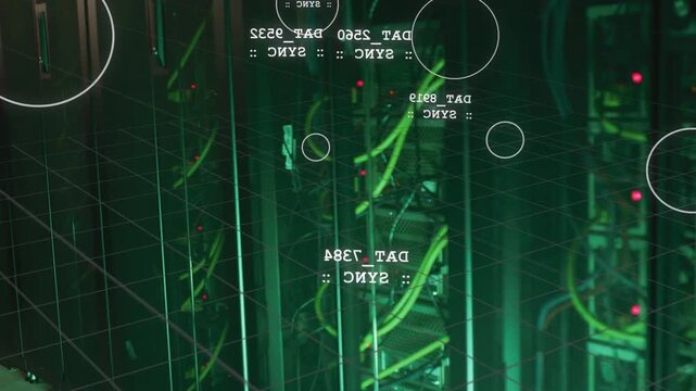 Cam panning data center rack, HUD labels syncing with green or yellow cables, LEDs for monitoring