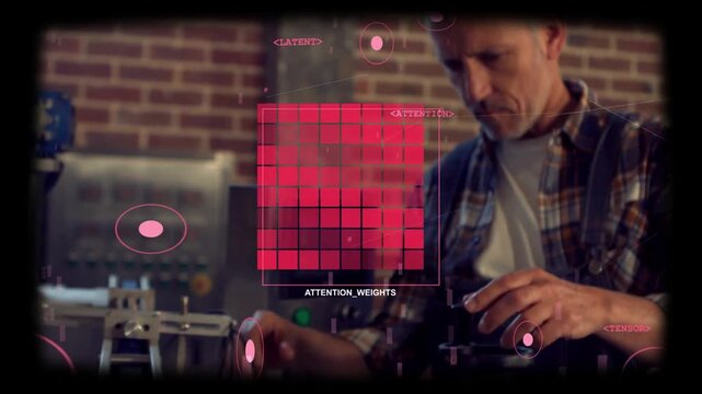 Male tech hands entering frame, calibrating controls as AR HUD overlaying ATTENTION_WEIGHTS grid