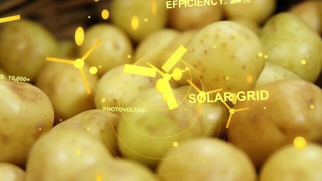 Woven basket of yellow potatoes, HUD fading in and rotating rotor showing solar grid efficiency