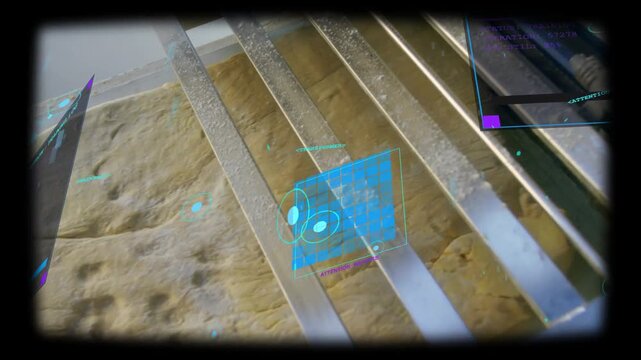 Camera tilting revealing dough beneath metal slats, HUD cube drifting, flattening, annotating food