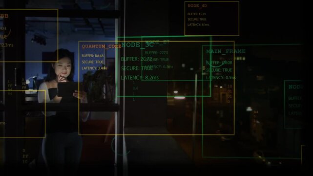 Tech analyst ending call and tapping tablet in highrise office, HUD shifting, highlighting latency