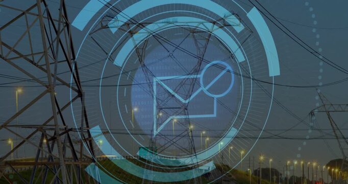 Central tower showing HUD fading in frame three, revealing envelope icon and signaling energy alert