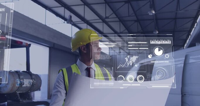 HUD activating, man in yellow hardhat and vest comparing blueprint with van data for inspection
