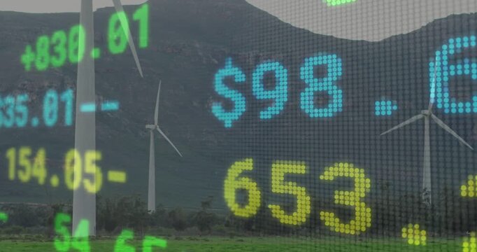 Vertical video: Market ticker animating over windfarm, updates driving currency tracking prices