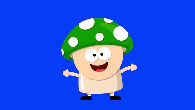 An adorable 2D animated mushroom with a green cap and white spots dancing happily on a solid blue background. Perfect for children's educational content, fairy tale animations, and nature-themed mobil