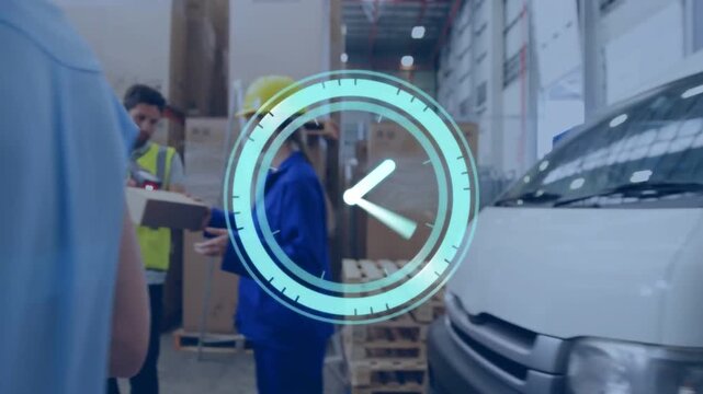 Supervisor checking clipboard while walking, clock HUD linking it to scanner logging boxes in depot