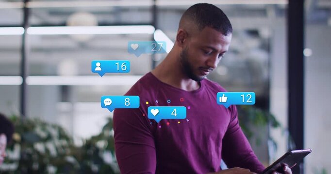 Man tapping phone in office, causing notifications around him and counters increasing for marketing