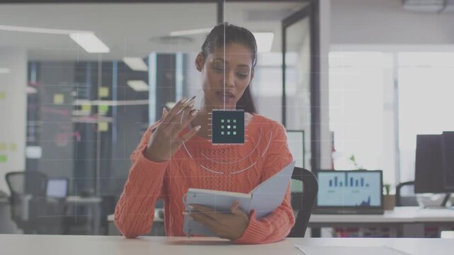 Vertical video: Woman with binder raising hand and starting HUD showing tech data rings for pitch
