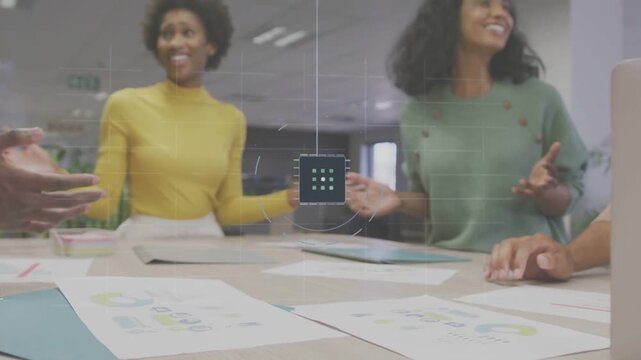 Business team talking and placing hands in huddle for alignment while HUD charts rising over tablet