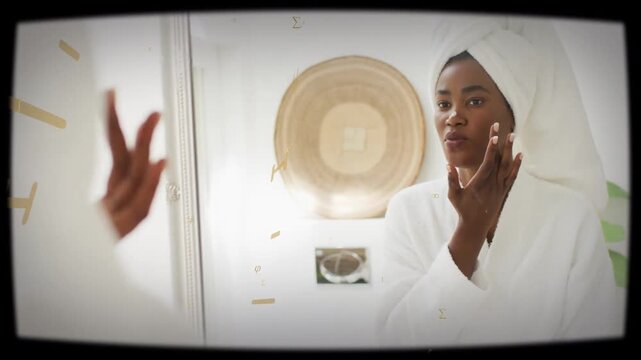 Post-shower woman at mirror dabbing cheeks and doing skincare while gold overlays crossing mirror