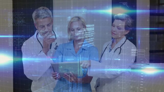 Medical team around tablet, doctor pointing prompts nurse swiping, reviewing data, blue overlays