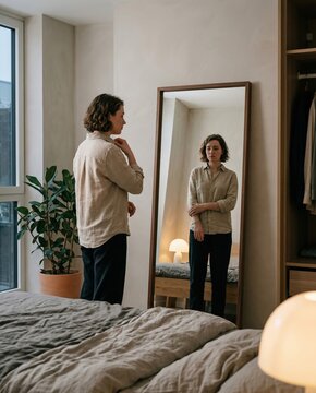 A woman looks in the mirror with no confidence in a bedroom.