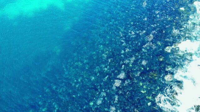 海底が見える穏やかな波打ち際を俯瞰で空撮