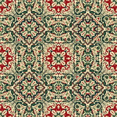 Fototapeta premium Intricate Traditional Tile Pattern with Red Green and Beige Colors.