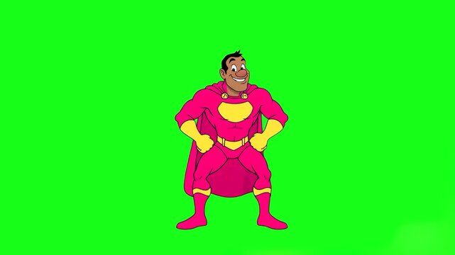 A muscular male superhero in a pink and yellow suit with a cape dancing on a green screen. This 2D animated mascot is designed for easy chroma keying in children's videos, comics, and heroic-themed pr