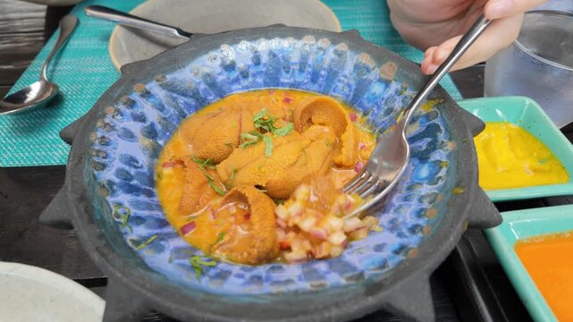 Peruvian sea urchin appetizer, fresh local seafood dish