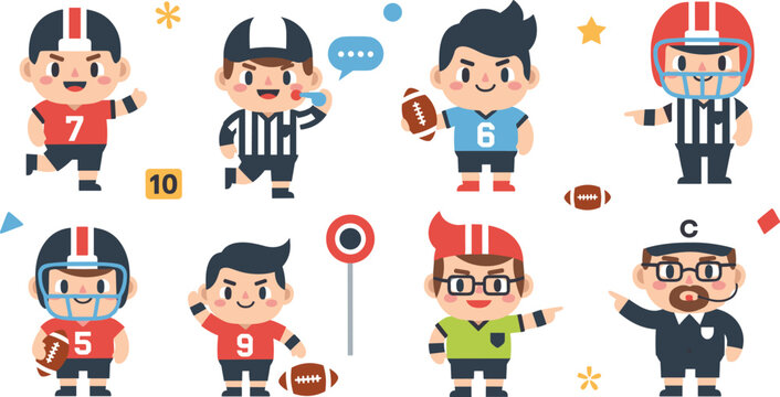 Cute American Football Player Cartoon Character Set with Referee Coach and Sports Elements Flat Vector Collection Isolated on White Background