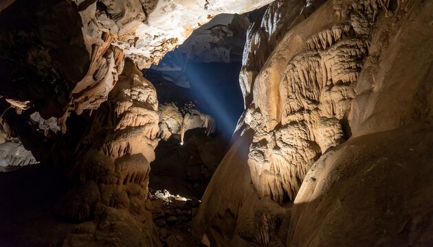 Stunning underground cave formations illuminated by a beam of light, showcasing natural beauty and geological wonders.