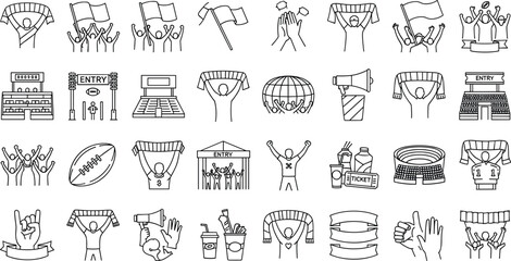 Football Fan Celebration Outline Icon Set with Stadium Crowd, Tickets, Flags, Scarves and Sports Supporter Elements Collection © nice