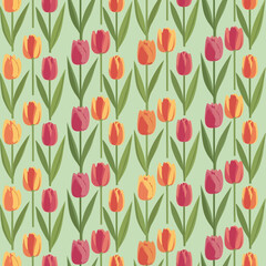 Obraz premium Seamless Pattern with Red and Orange Tulips on a Light Green Background.