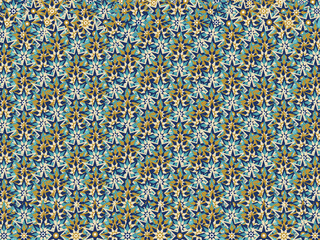 Fototapeta premium Seamless pattern with intricate geometric star shapes, vibrant mosaic style, rich navy blue, teal, mustard yellow, and cream colors, ideal for modern textile design, digital backgrounds,