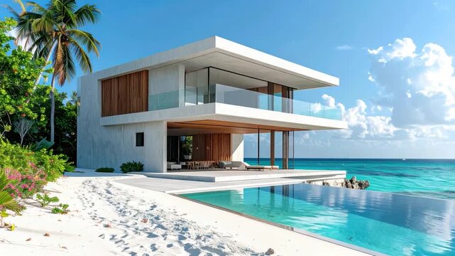 Modern beachside villa with an infinity pool. Clear skies and the ocean