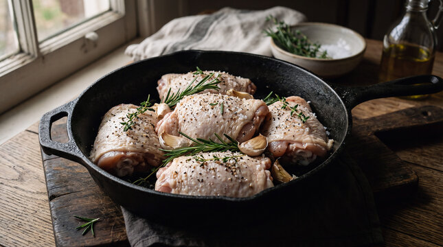 A cast iron skillet filled with seasoned chicken thighs on a wooden table by a window