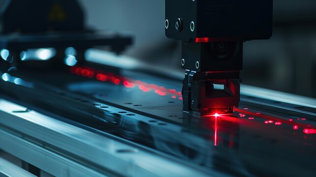 Industrial Camera Vision Inspection &ndash; Scanning Light Curtain Across Product, Surface Defects Identified as Red Spots and Marked, Data Stream Uploaded to Analysis System, Dark Background, Quality Contr