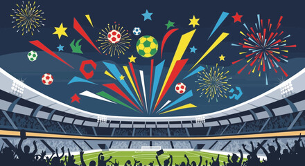 Colorful Fireworks Over Soccer Stadium. © Azrha