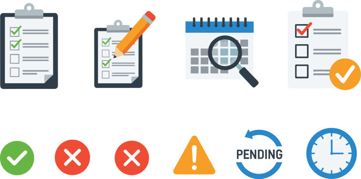 Task Management and Checklist Icon Set with Approval, Rejection, Calendar Review, Pending Status and Time Tracking Flat Vector Collection