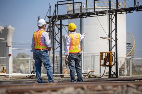 Engineers in safety vests and hardhats discussing project plan at industrial factory site, Back view of industrial inspectors standing on railway track pointing at storage tank area