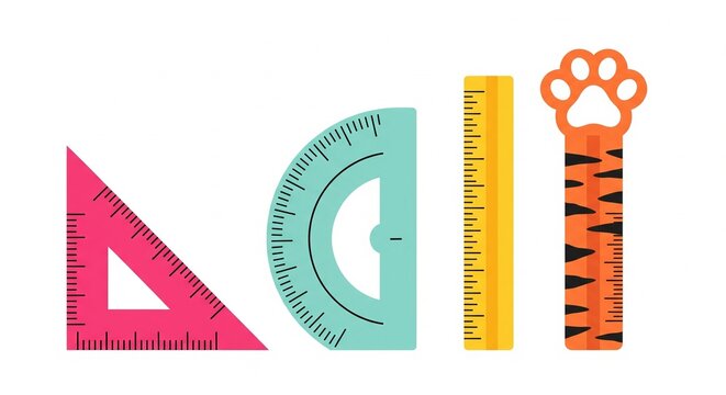 Set of colorful school rulers, including a triangle ruler, protractor, and ruler with tiger paw design, isolated on white background, vector illustration for education and stationery concepts