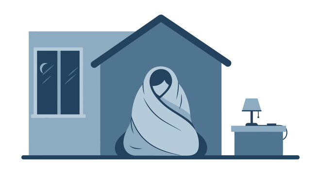 Homeless person wrapped in blanket doorway. Vector Illustrations. EPS Editable