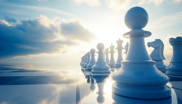 Strategic chess pieces stand aligned on a reflective board, set against a stunning sunrise and vast cloudy sky, symbolizing new opportunities, future success, and the path to victory