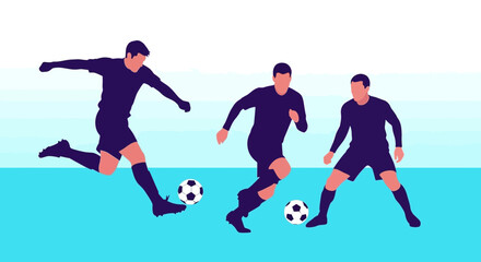 Obraz premium Three soccer players in action kicking balls.